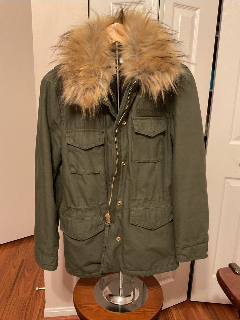 H&M Brand new cotton Olive Green Utility Jacket with Faux-Fur Trim